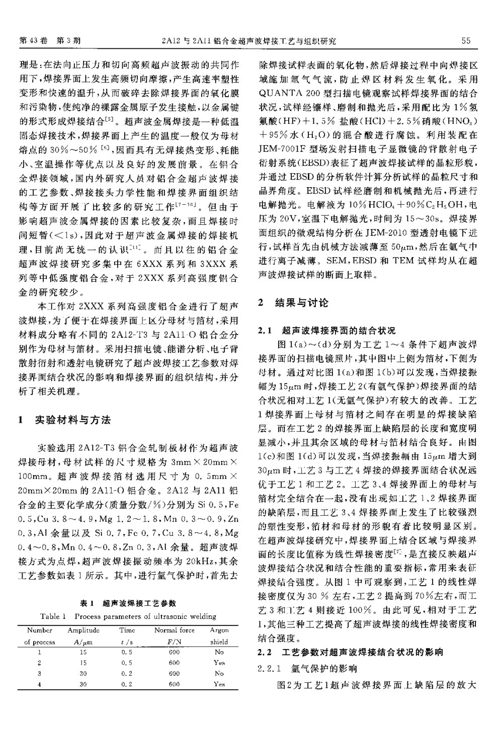 2A12与2A11铝合金超声波焊接工艺与组织研究2
